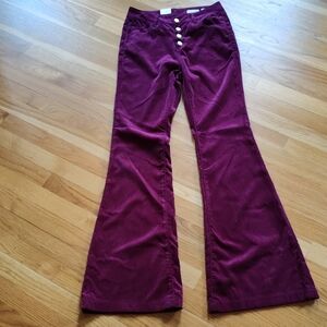 Grace Corduroy Stylish Burgundy Flare Pants with Buttons NWT